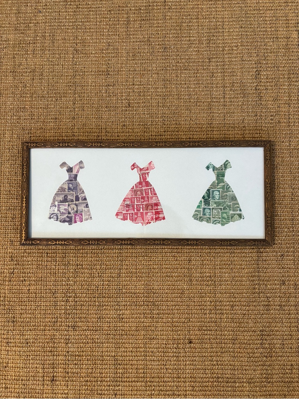 Three Dress Silhouette stamp art in vintage frame Purple, Red, Green